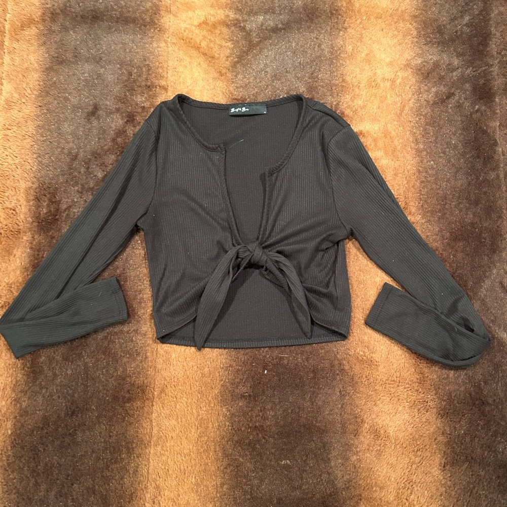 Zara Black Crop Top with Puff Sleeves and Tie Front